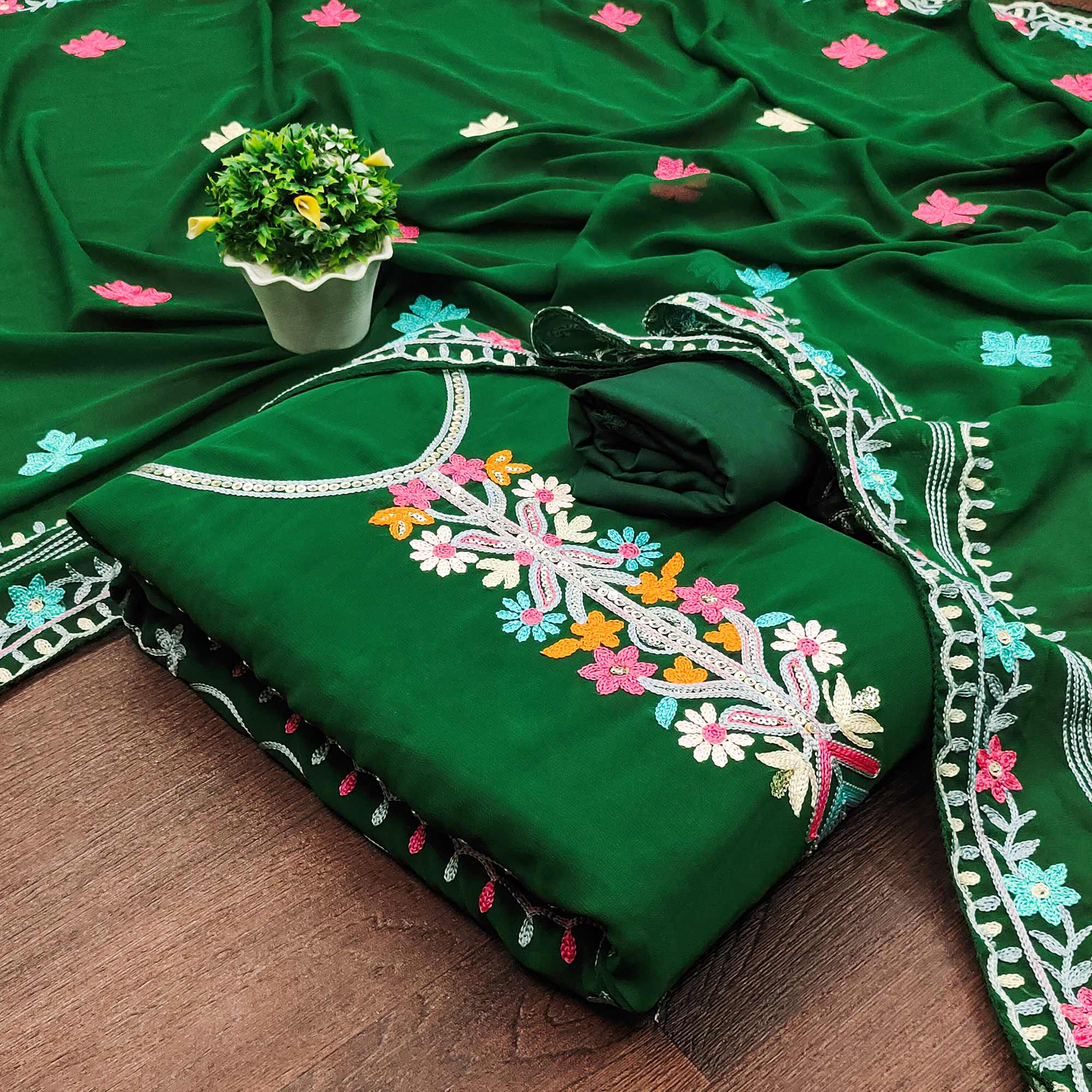 Dark Green Floral Sequins Embroidered Georgette Dress Material