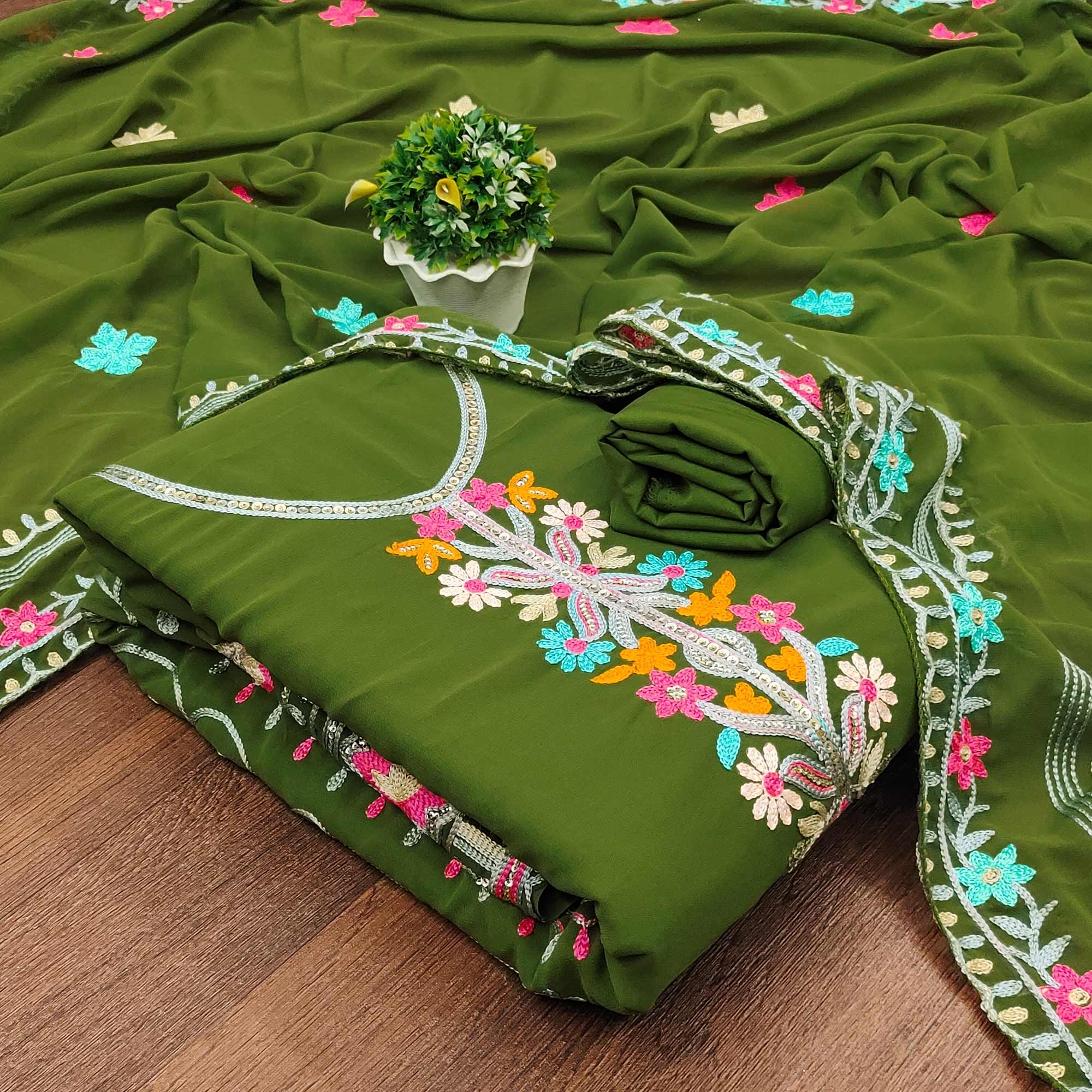 Green Floral Sequins Embroidered Georgette Dress Material