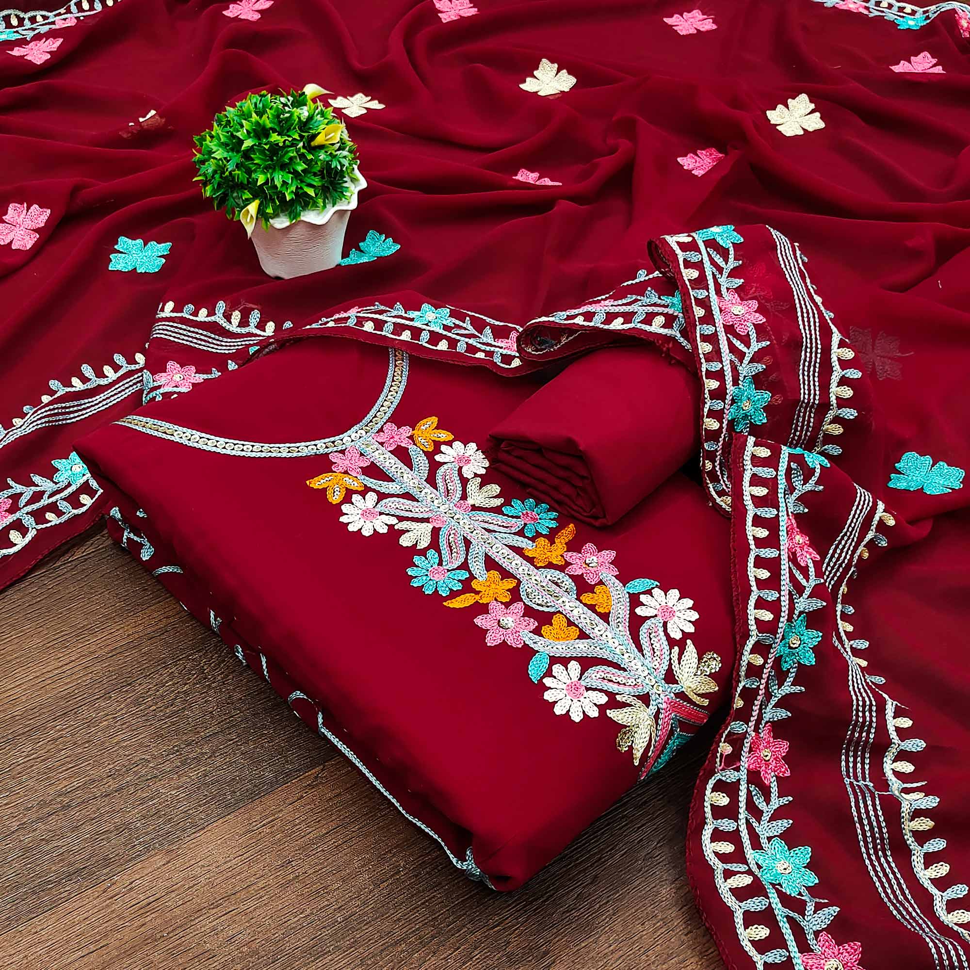 Maroon Floral Sequins Embroidered Georgette Dress Material