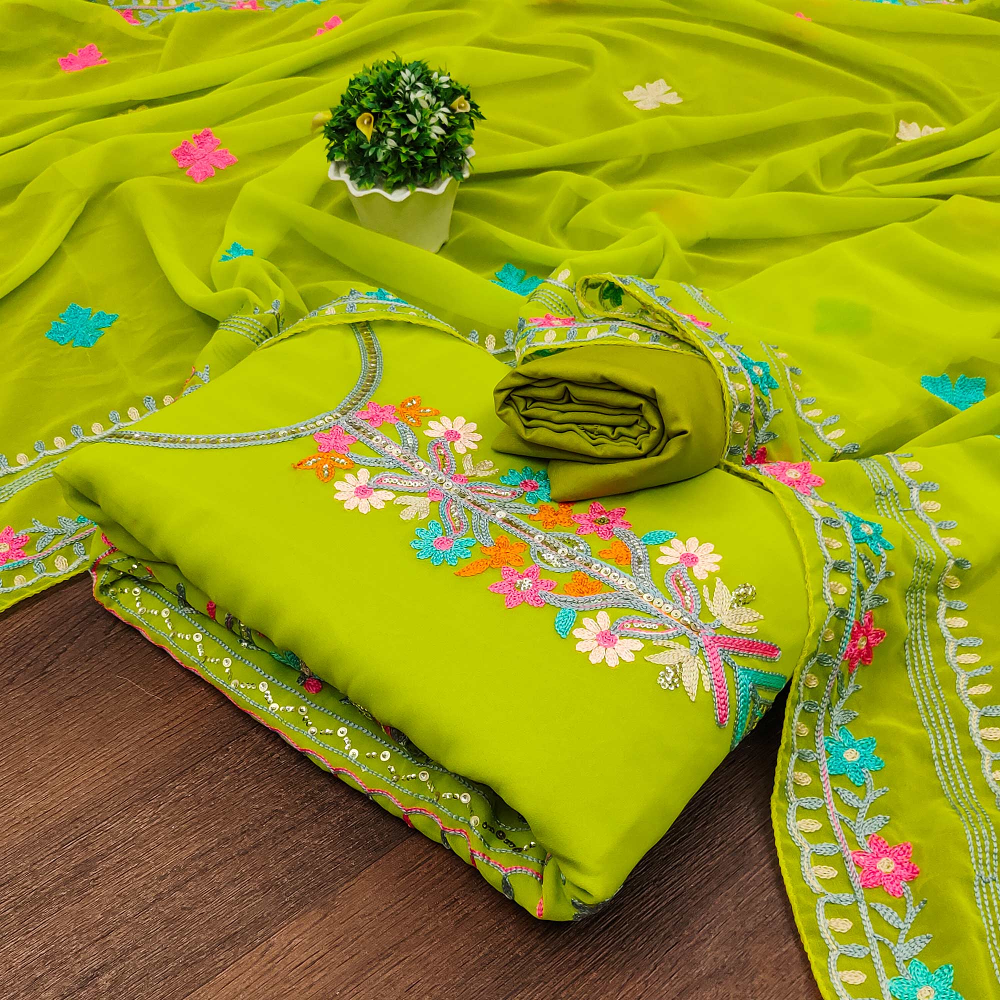 Parrot Green Floral Sequins Embroidered Georgette Dress Material Parrot Green Floral Sequins Embroidered Georgette Dress Material