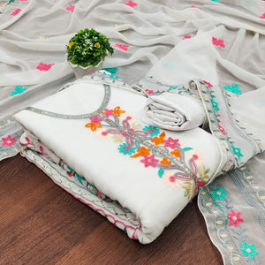 White Floral Sequins Embroidered Georgette Dress Material