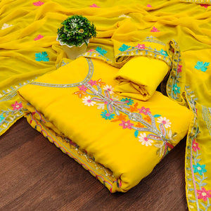 Yellow Floral Sequins Embroidered Georgette Dress Material