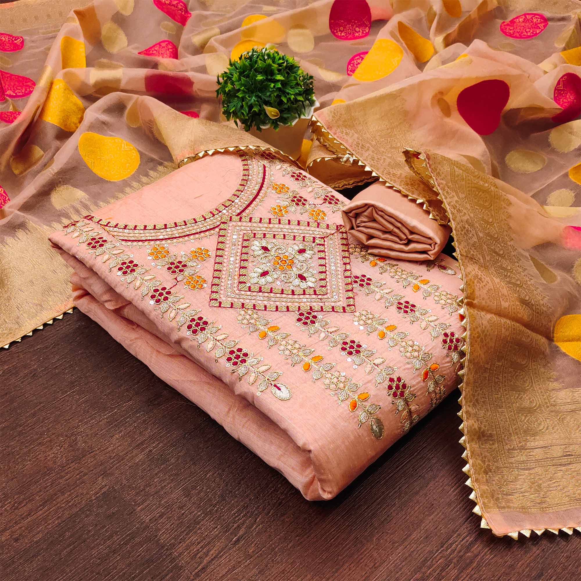 Peach Floral Sequins Embroidered Chanderi Dress Material