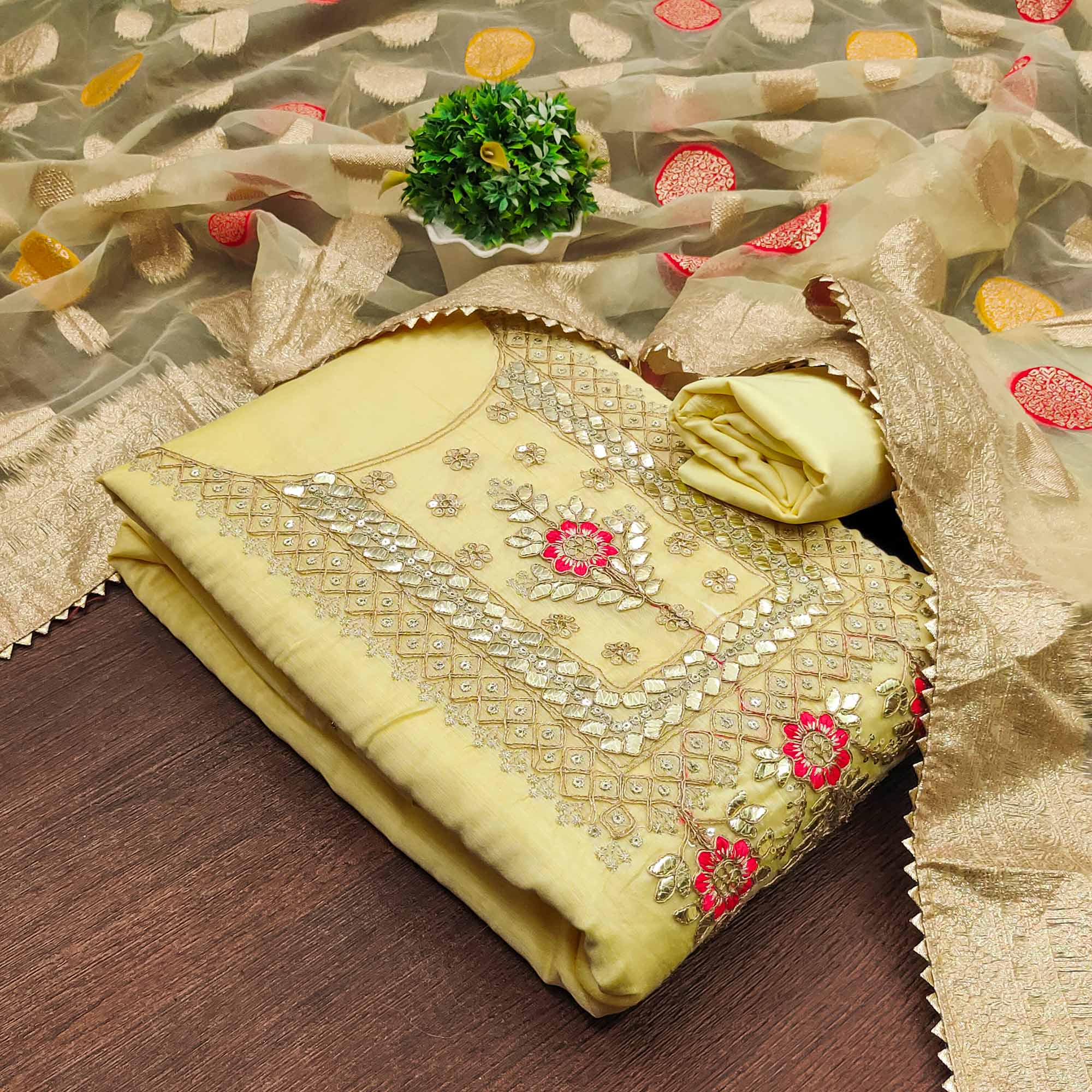Yellow Floral Sequins Embroidered Chanderi Dress Material