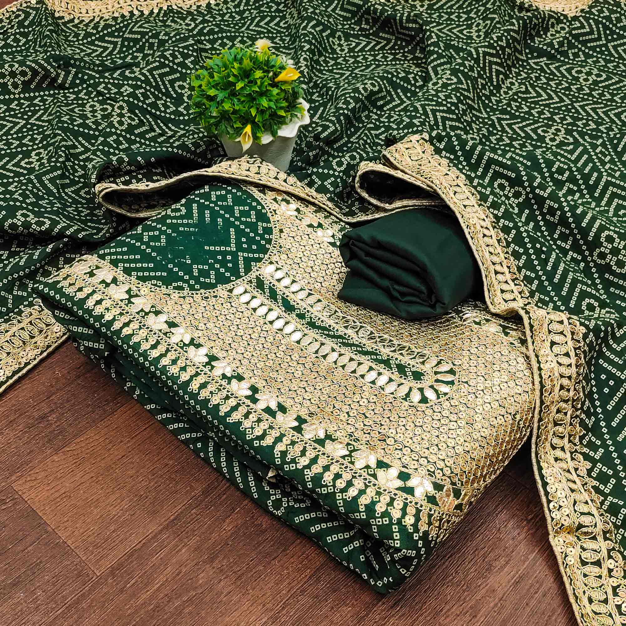 Green Bandhani Printed With Sequins Work Bhagalpuri Silk Dress Material