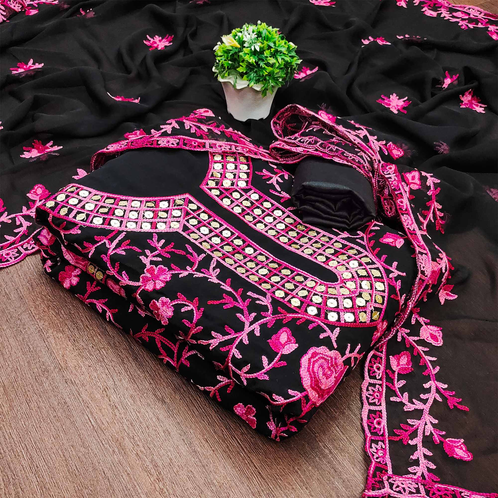 Black & Gajari Pink Floral Sequins Embroidered Georgette Dress Material