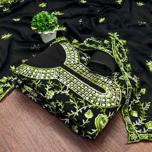Black & Green Floral Sequins Embroidered Georgette Dress Material