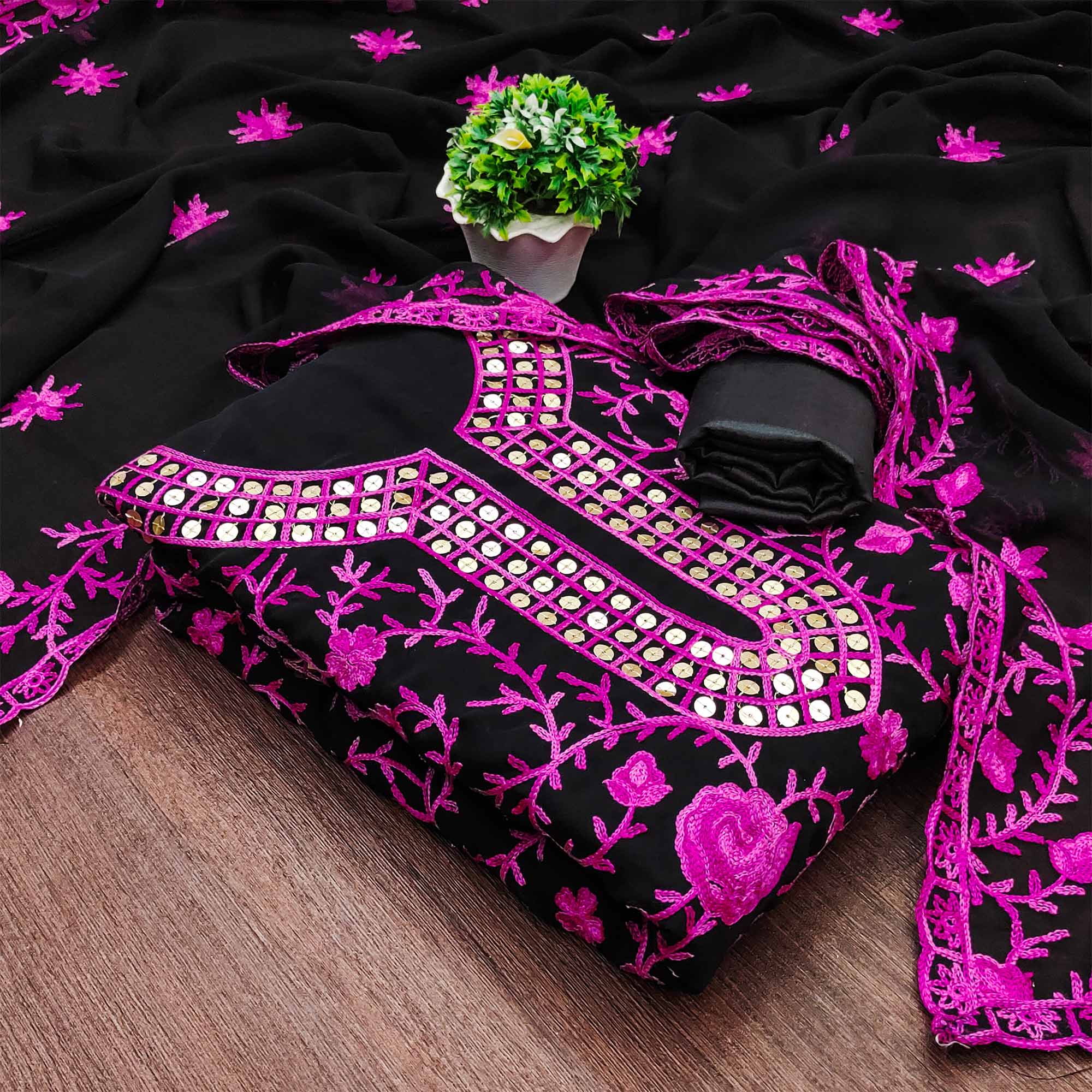 Black & Pink Floral Sequins Embroidered Georgette Dress Material