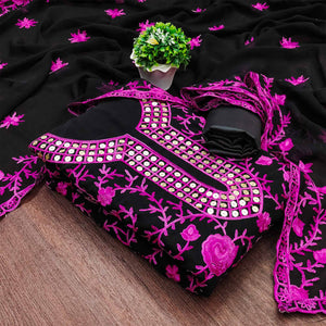 Black & Pink Floral Sequins Embroidered Georgette Dress Material