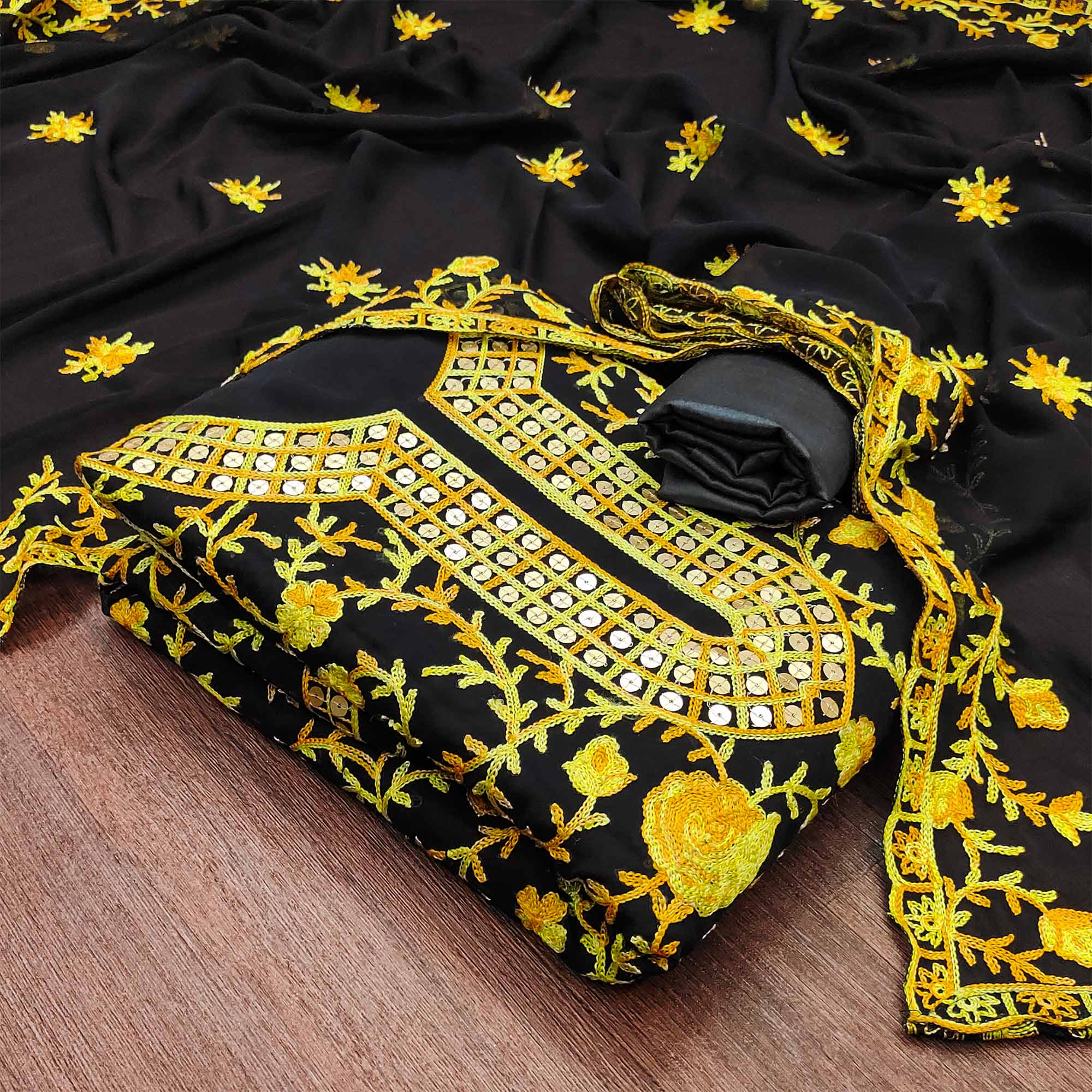 Black & Yellow Floral Sequins Embroidered Georgette Dress Material