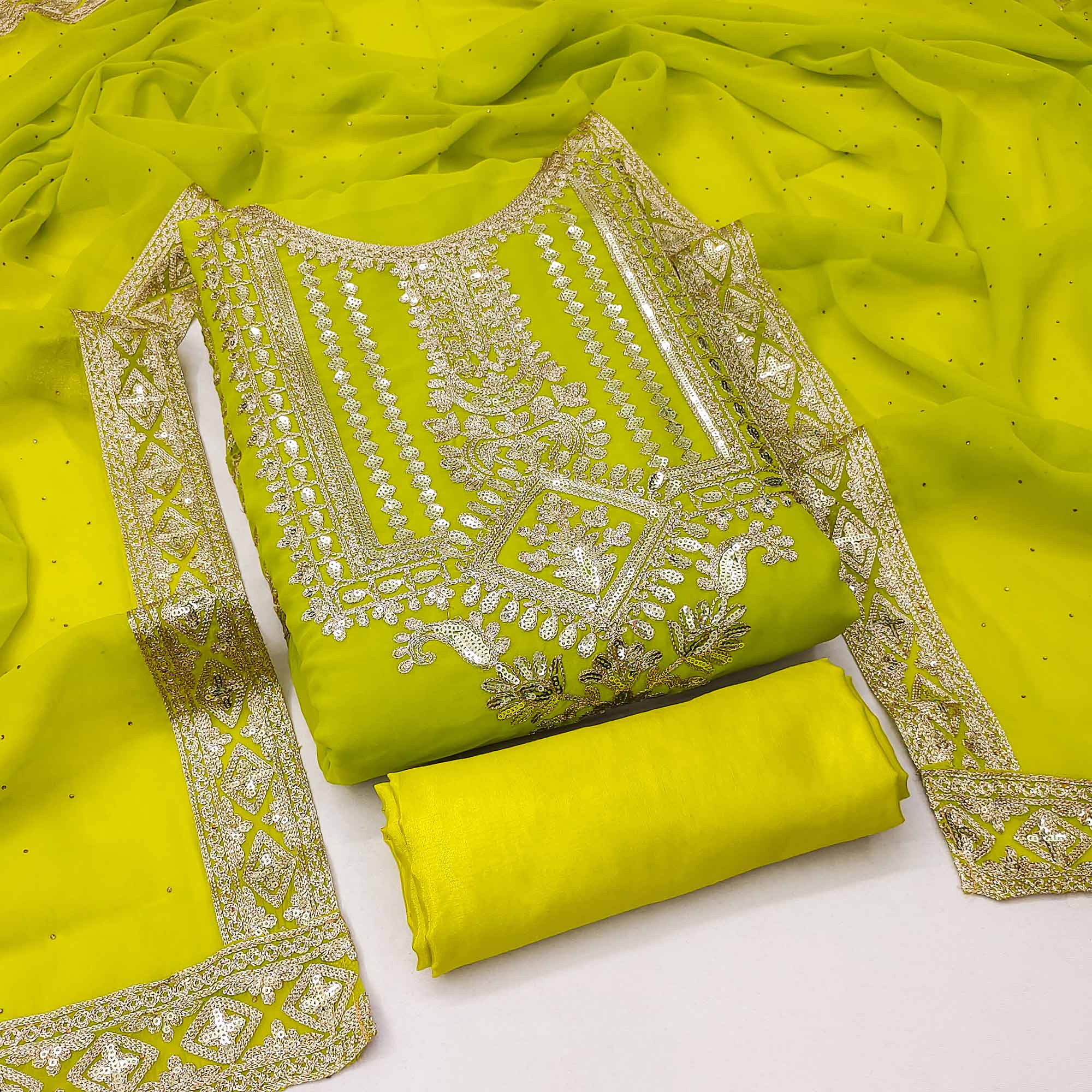 Green Floral Sequins Embroidered Georgette Dress Material