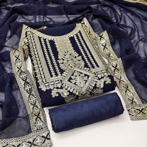 Navy Blue Floral Sequins Embroidered Georgette Dress Material