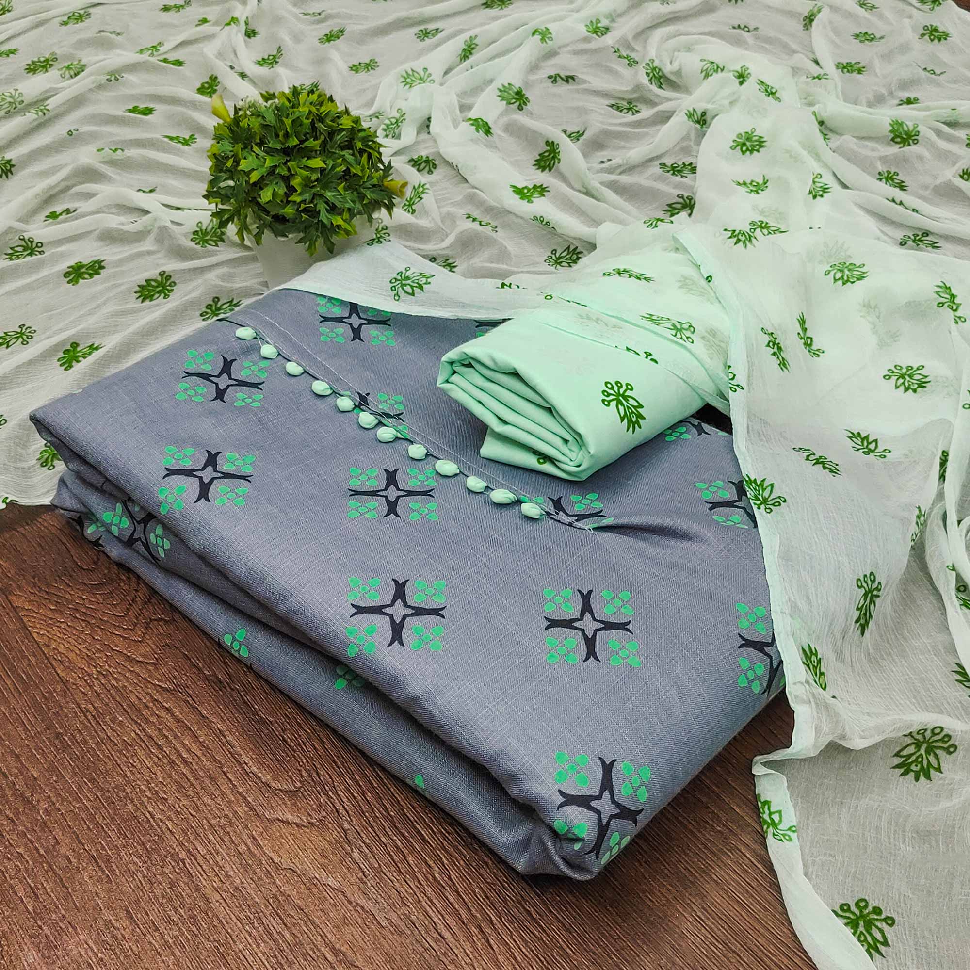 Grey & Green Floral Printed Cotton Blend Dress Material