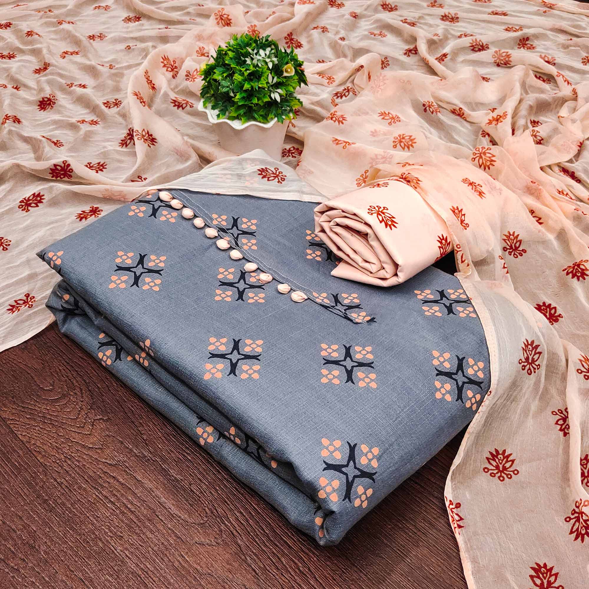 Grey & Peach Floral Printed Cotton Blend Dress Material