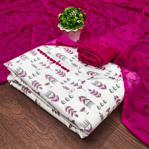 White & Rani Pink Floral Printed Cotton Blend Dress Material