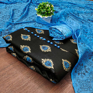 Black & Blue Printed Cotton Blend Dress Material