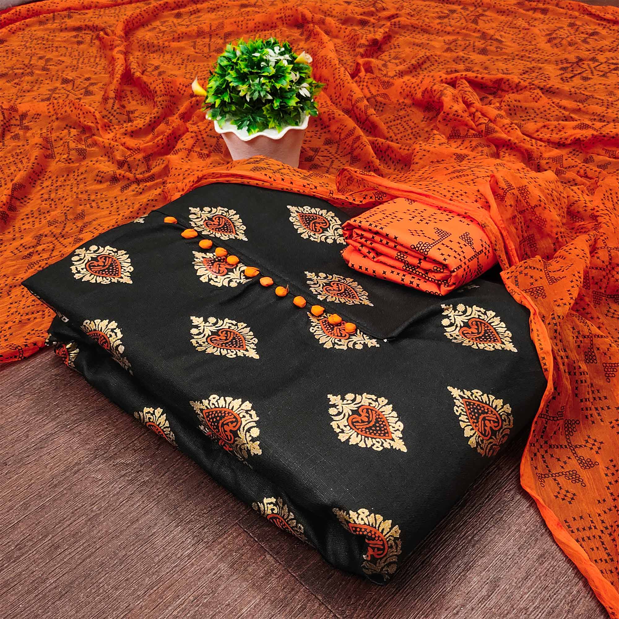 Black & Orange Printed Cotton Blend Dress Material