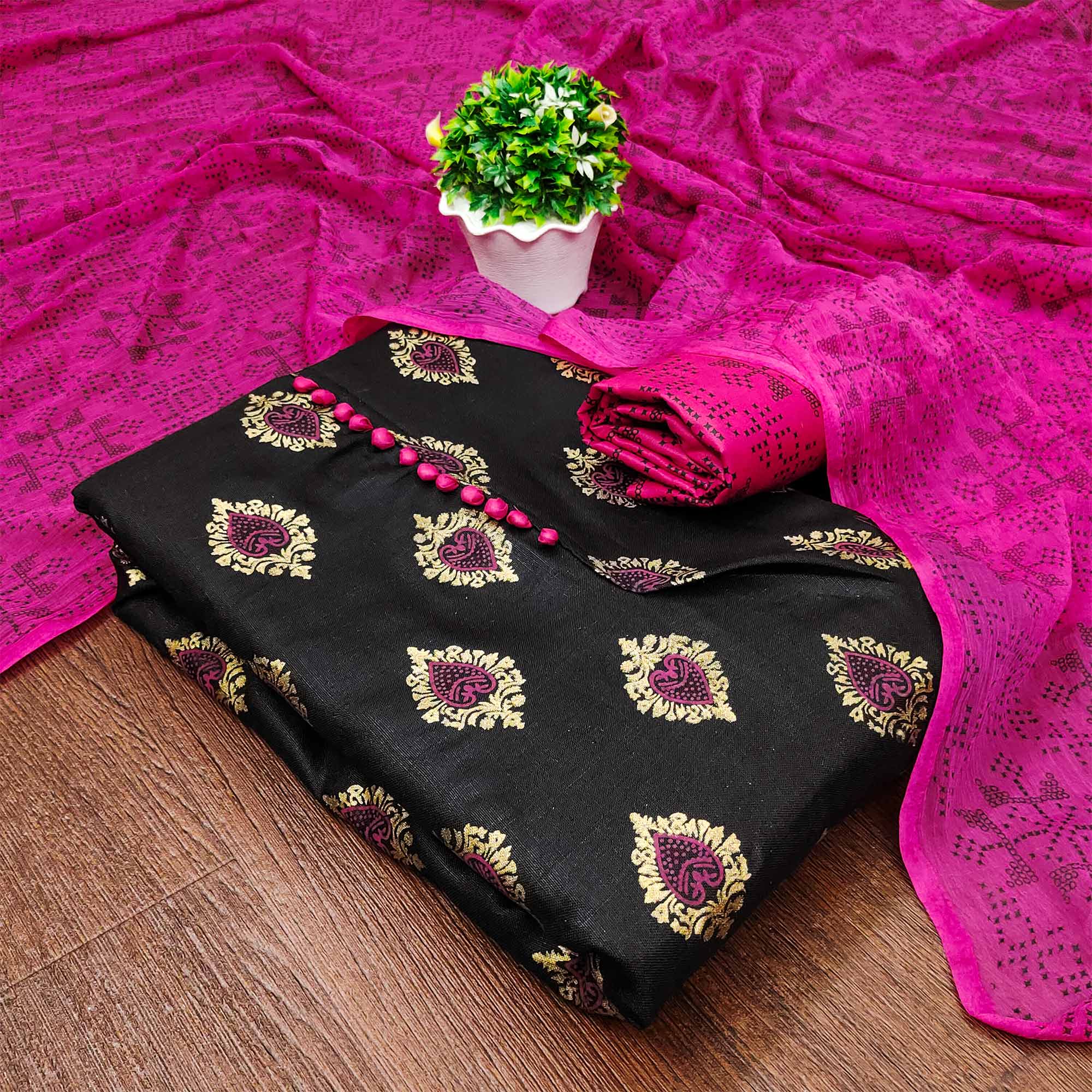 Black & Pink Printed Cotton Blend Dress Material