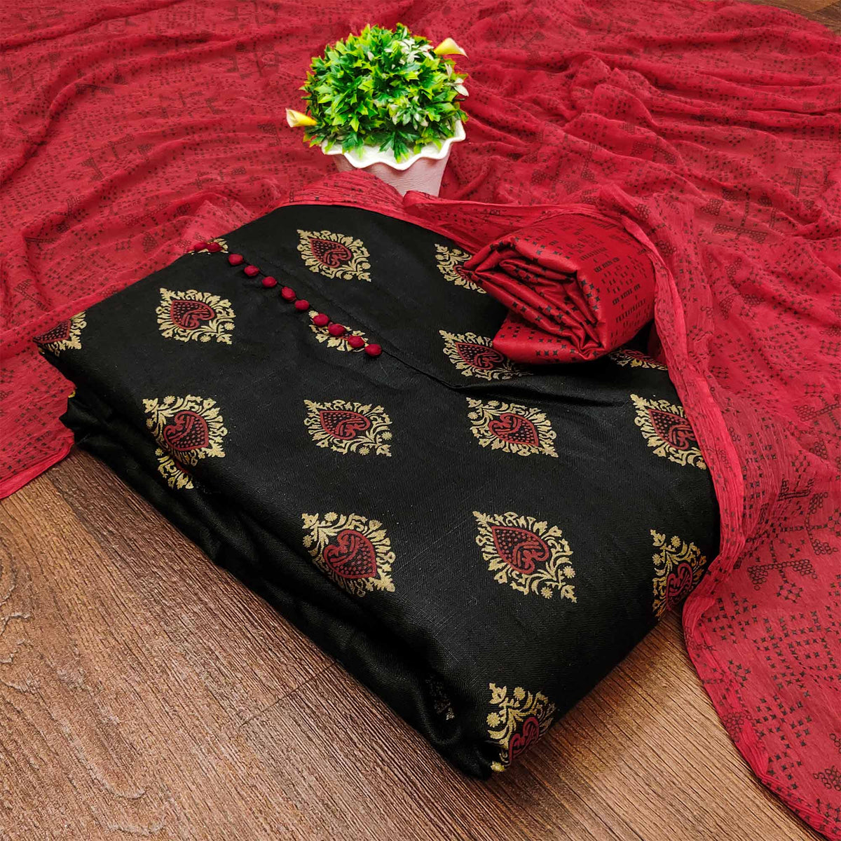 Black Red Printed Cotton Blend Dress Material