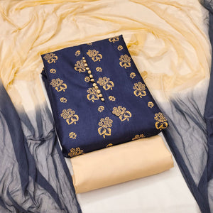 Blue Foil Floral Printed Cotton Blend Dress Material