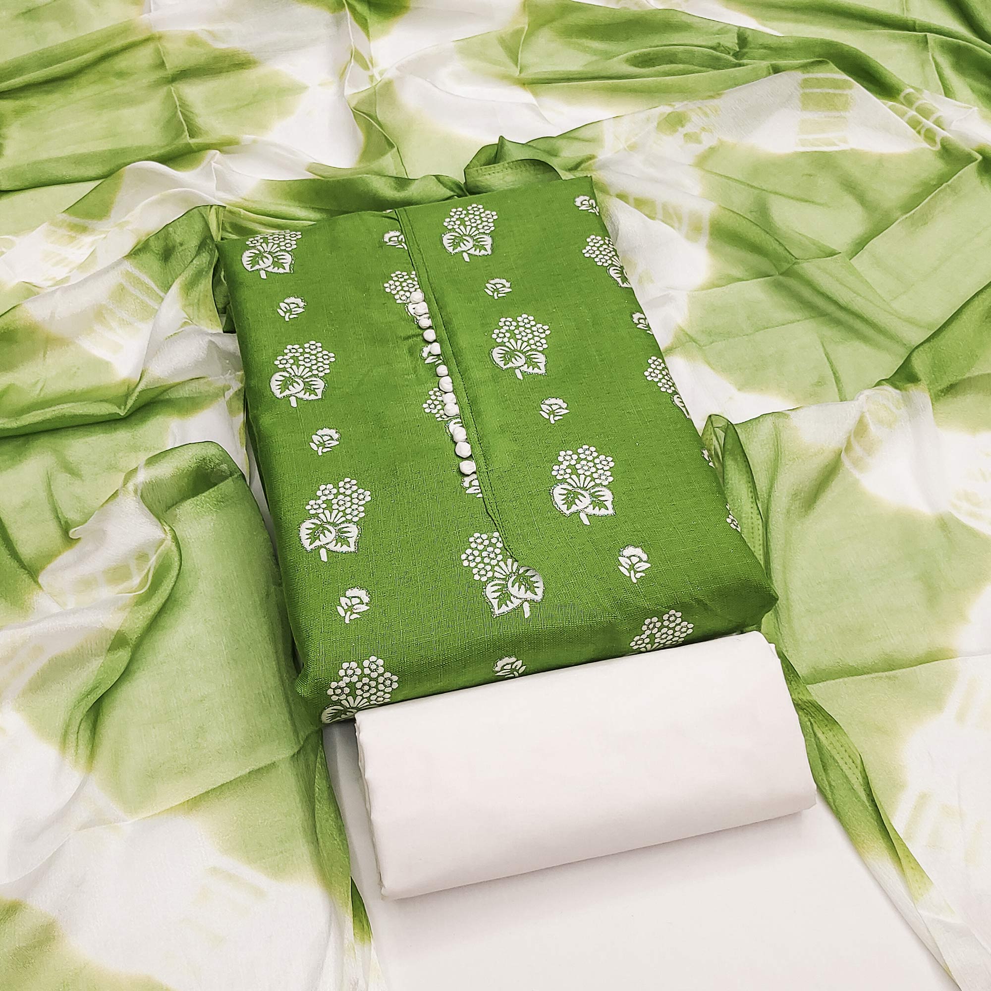 Green Foil Floral Printed Cotton Blend Dress Material