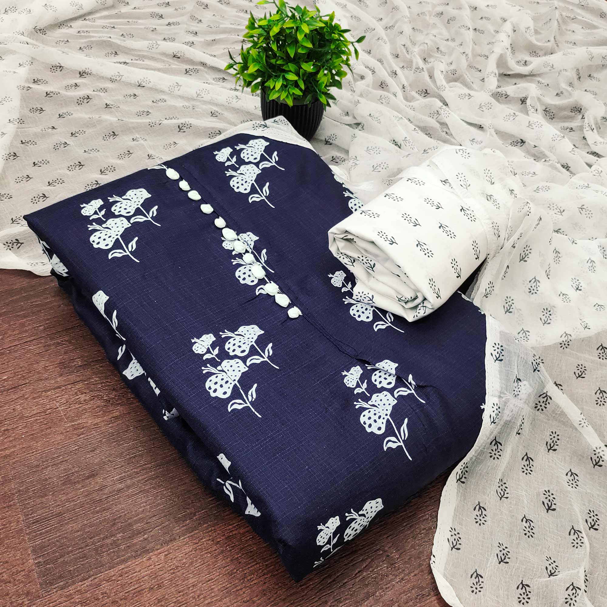 Navy Blue Cotton Blend Fabric Featuring Subtle and Elegant Floral Prints