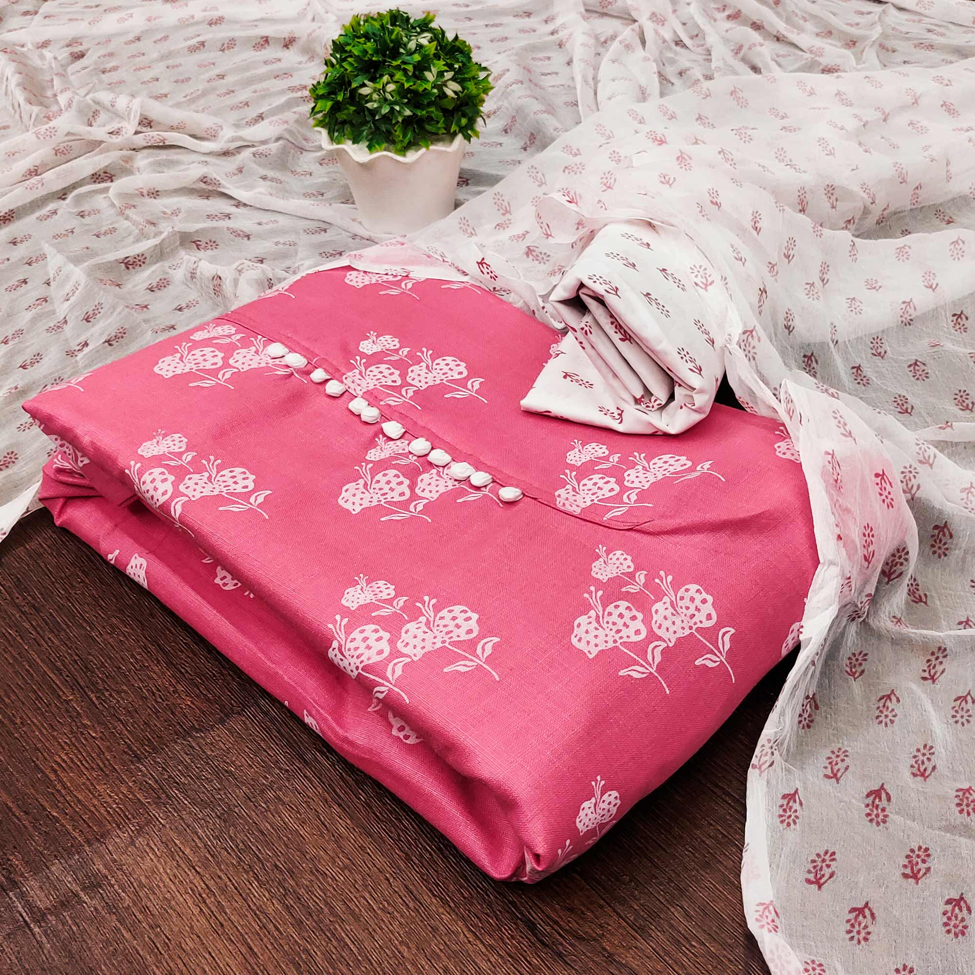 Pink Cotton Blend Floral Printed Dress Material