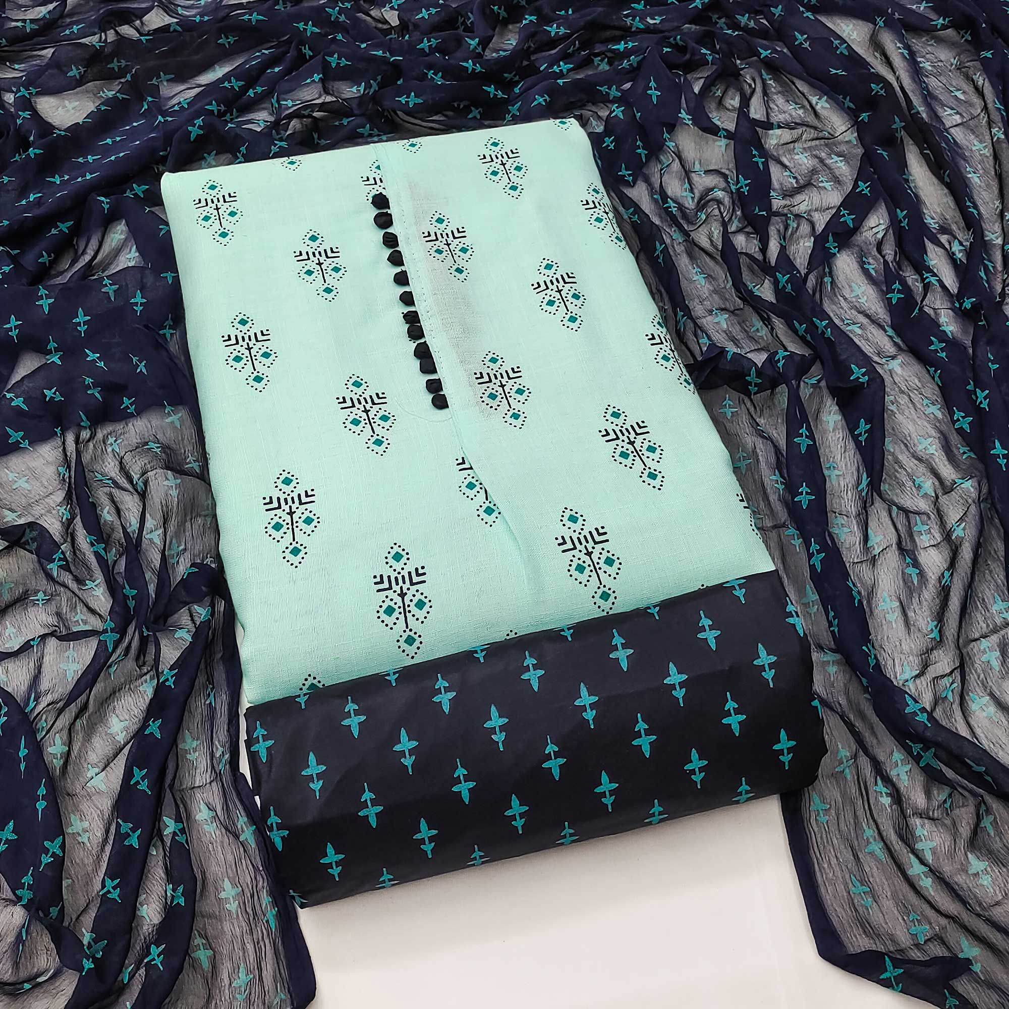 Blue Floral Printed Cotton Blend Dress Material