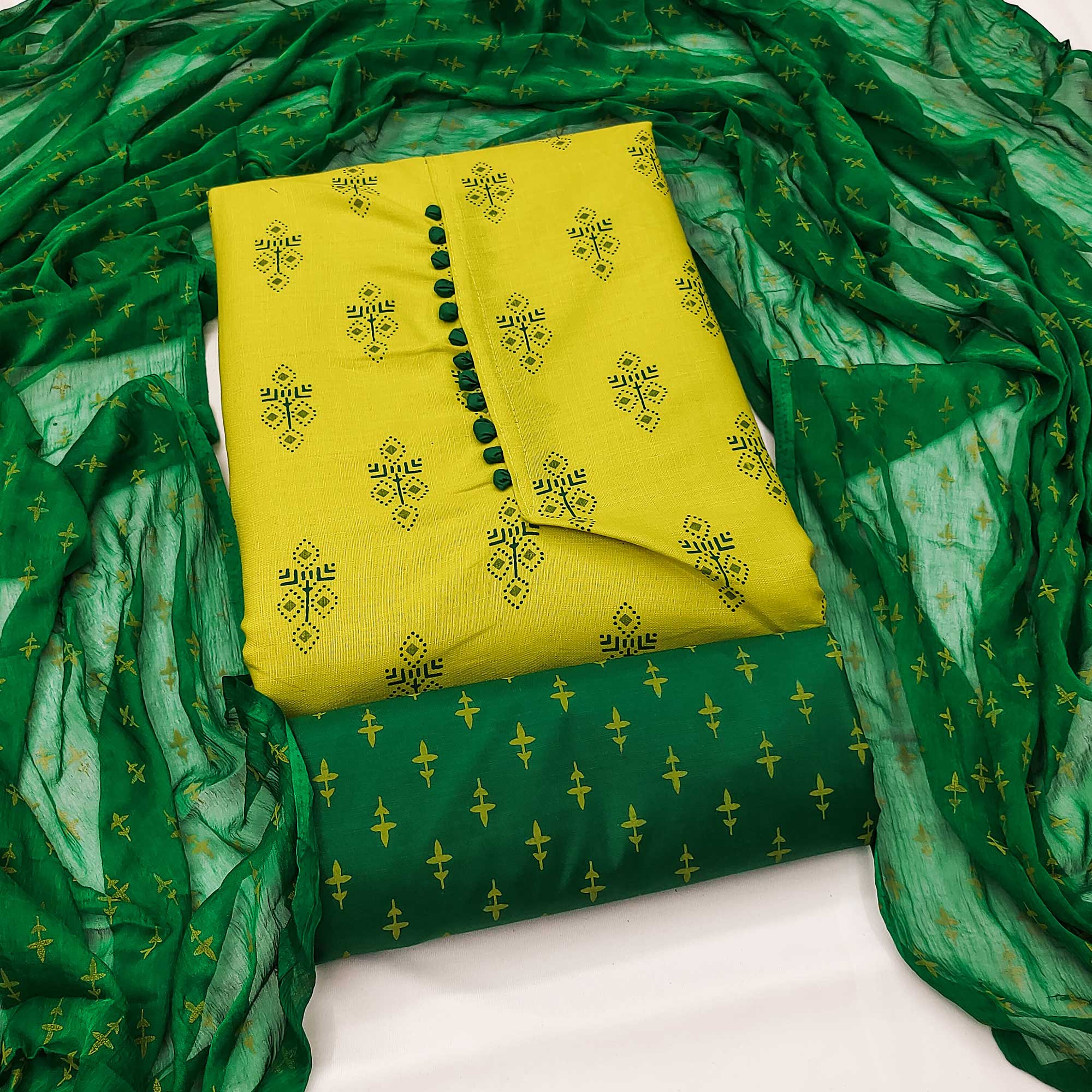 Lemon Green Floral Printed Cotton Blend Dress Material