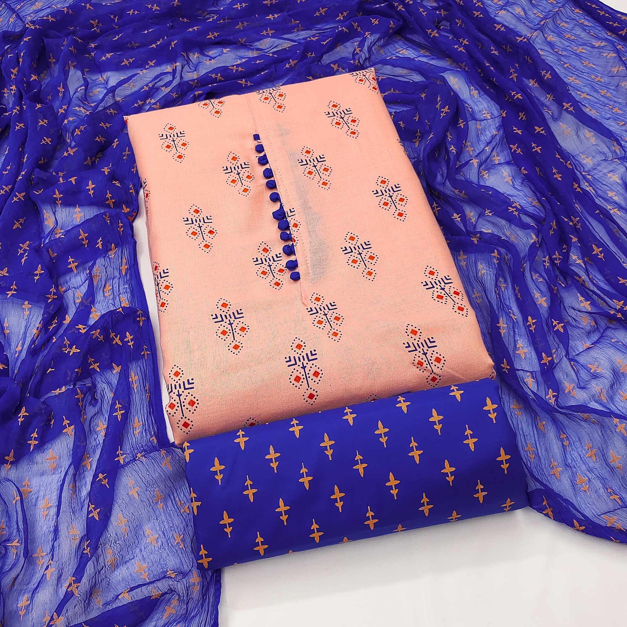 Peach Floral Printed Cotton Blend Dress Material