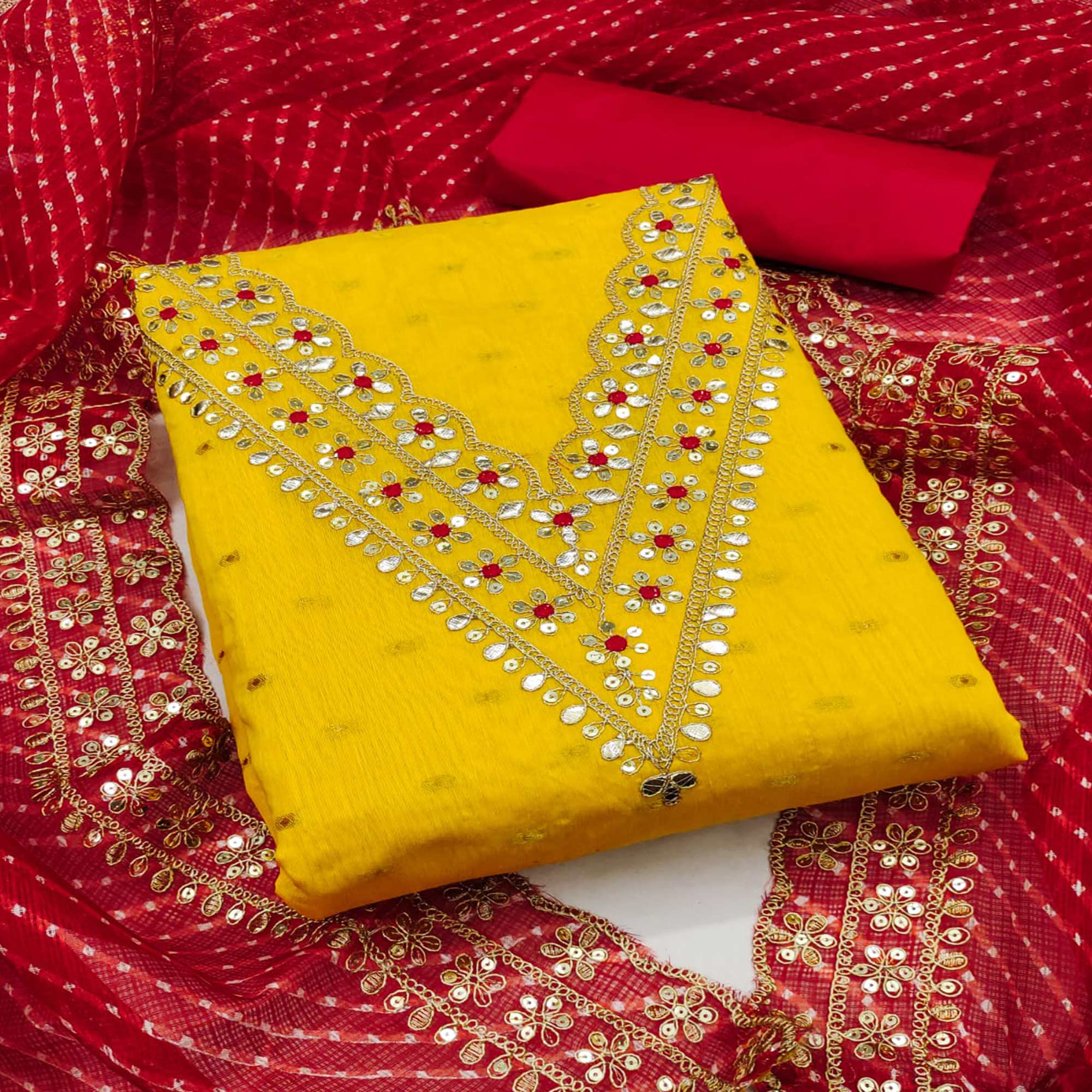 Yellow Woven With Sequins Embroidered Chanderi Dress Material