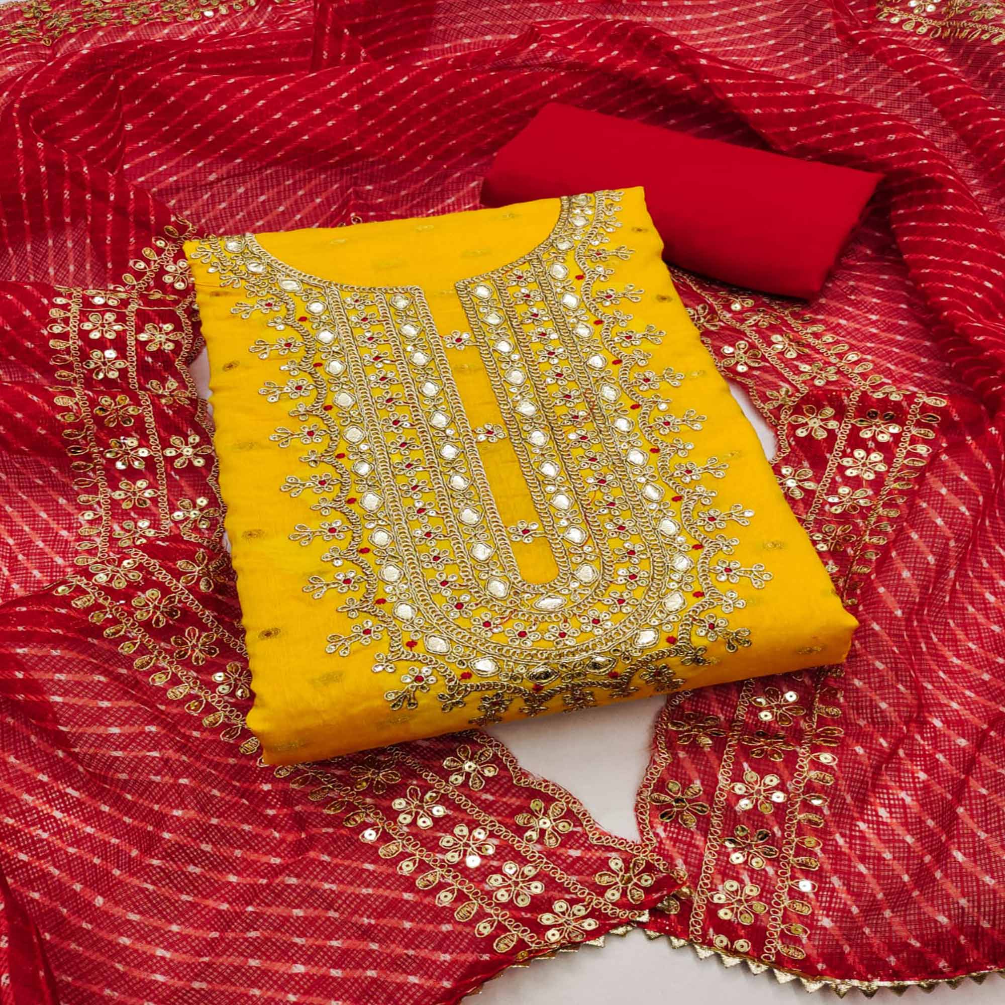 Yellow Woven With Sequins Embroidered Chanderi Dress Material