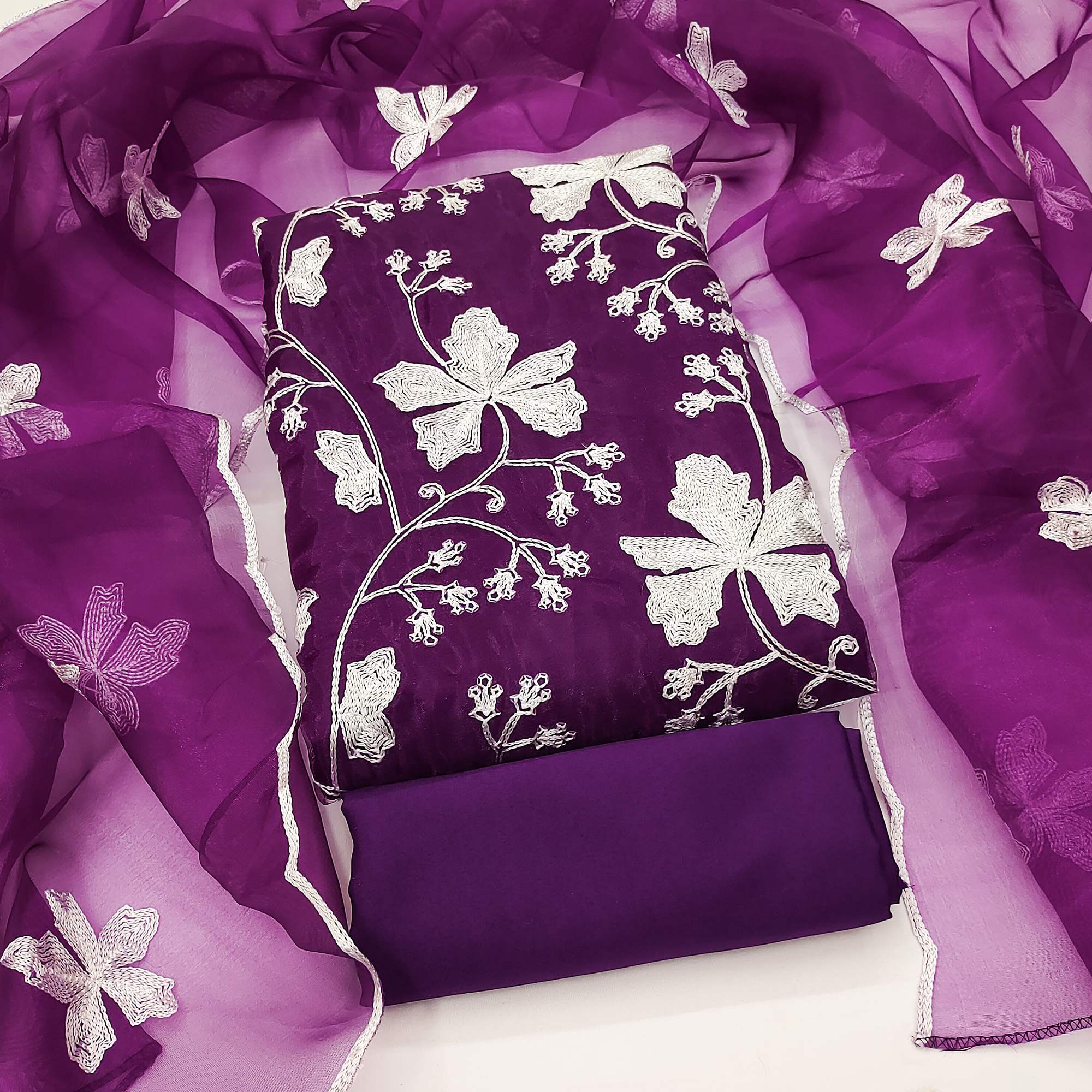 Purple Floral Embroidered Organza Dress Material