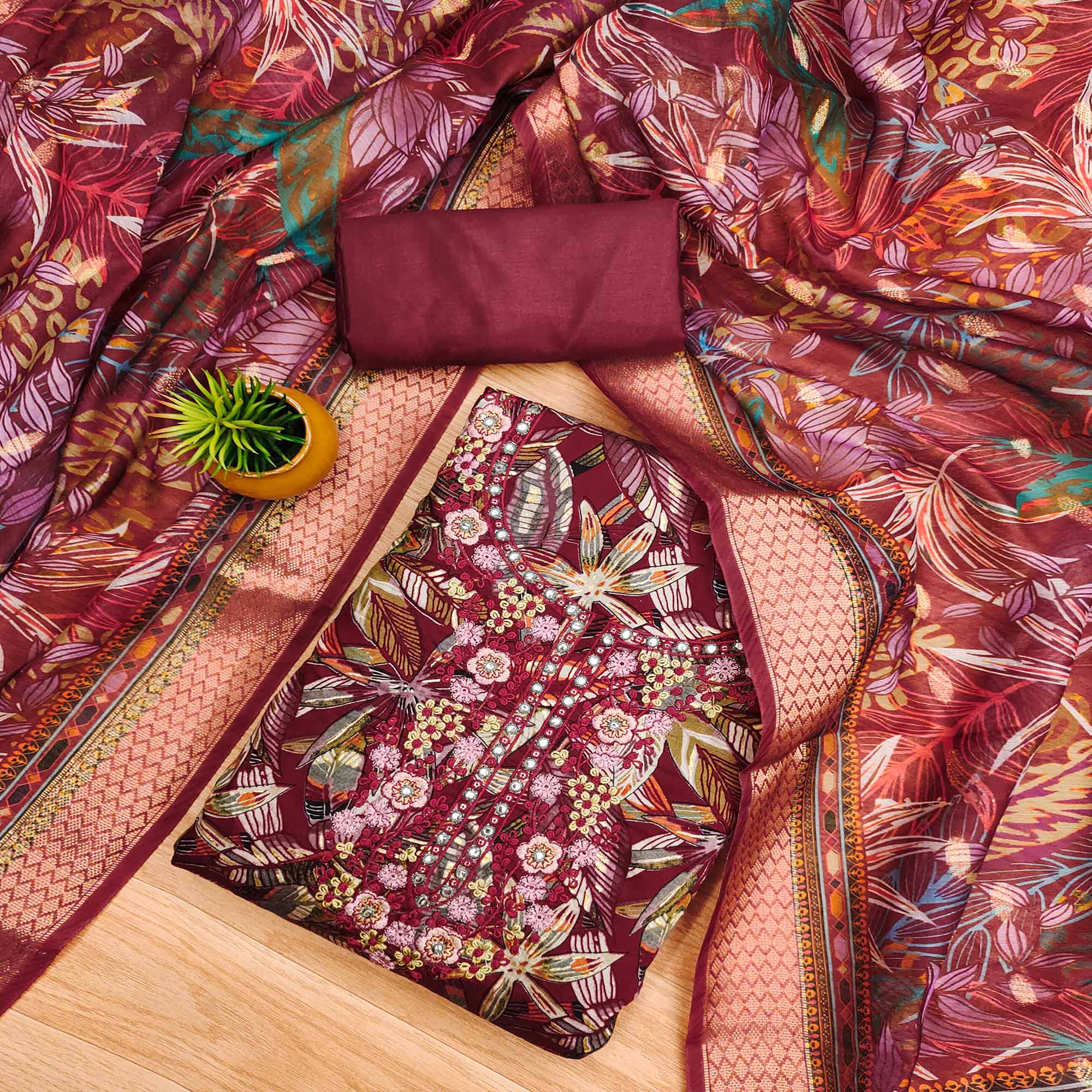 Maroon Floral Printed Pure Cotton Dress Material