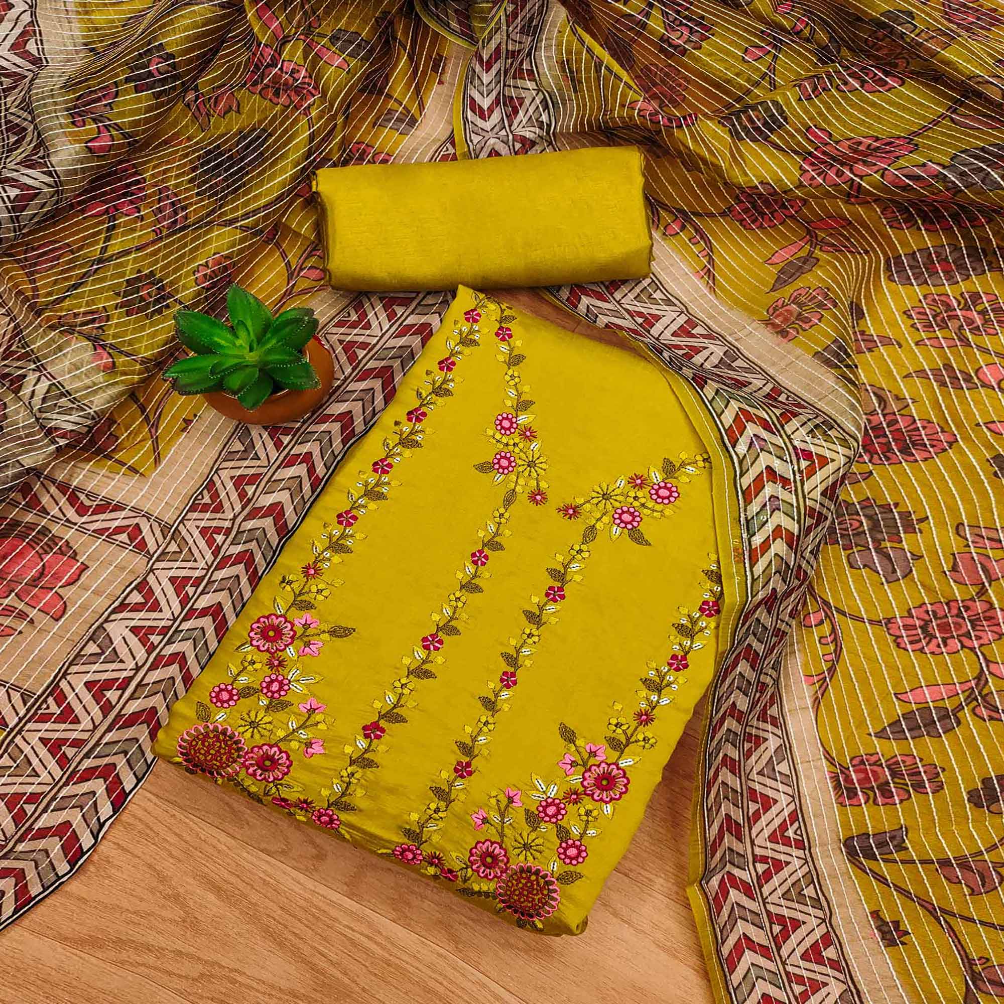 Mustard Floral Embroidered Chanderi Silk Dress Material
