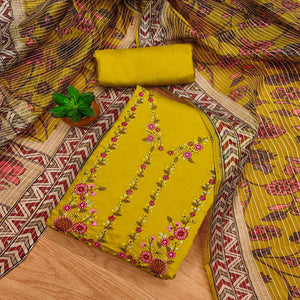 Mustard Floral Embroidered Chanderi Silk Dress Material