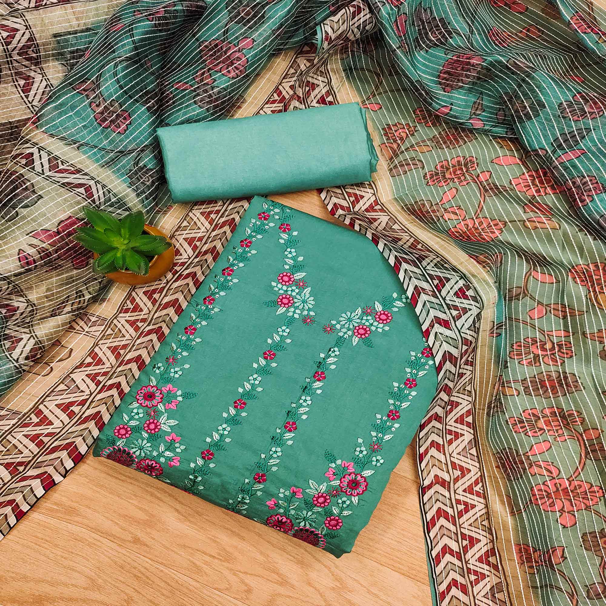 Turquoise Floral Embroidered Chanderi Silk Dress Material
