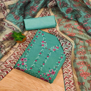 Turquoise Floral Embroidered Chanderi Silk Dress Material