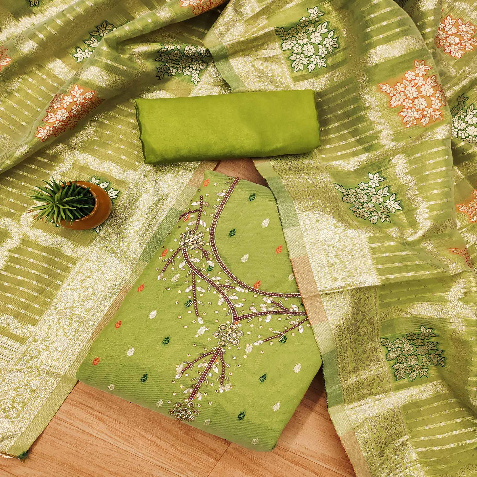 Green Woven With Handwork Simmer Jacquard Dress Material