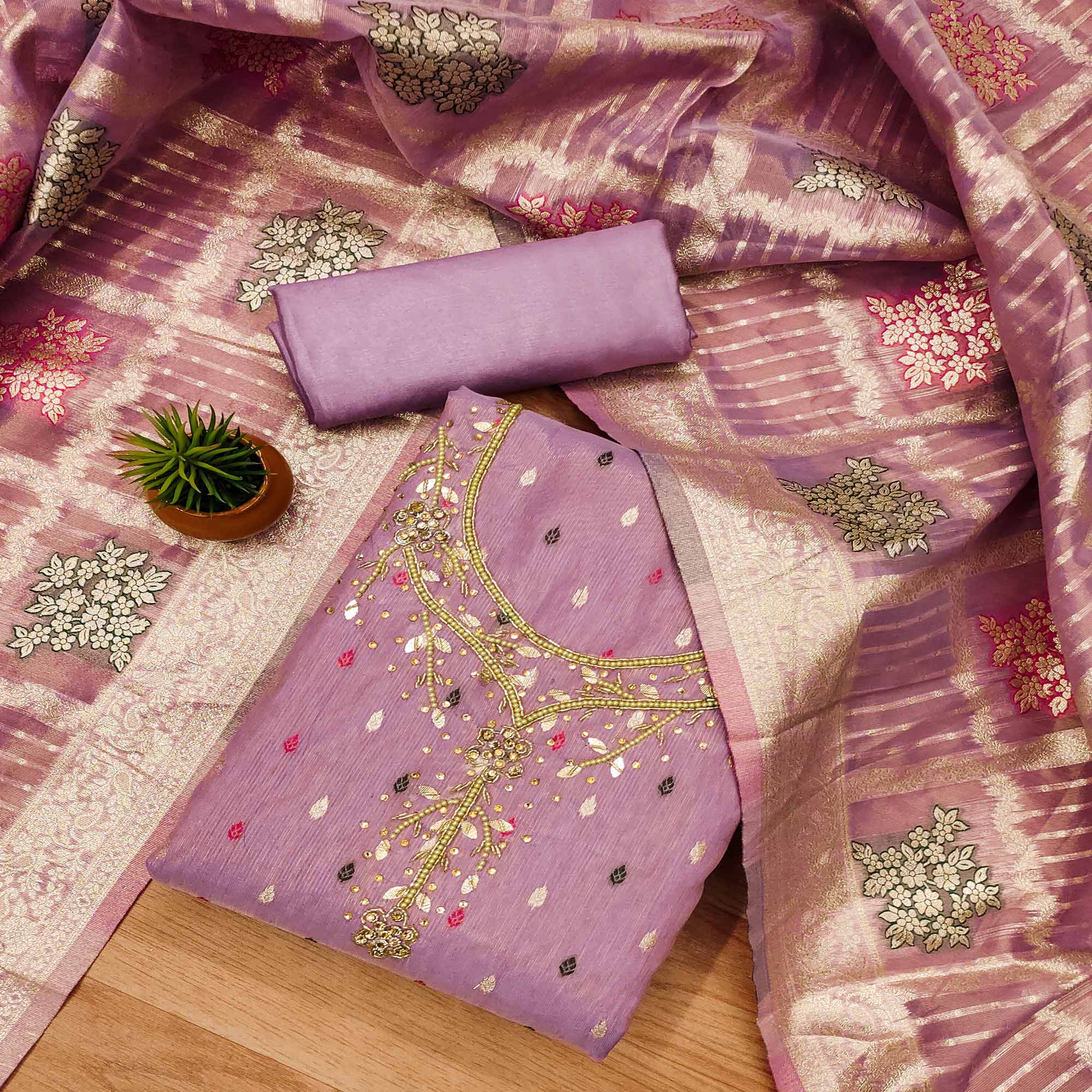 Lavender Woven With Handwork Simmer Jacquard Dress Material
