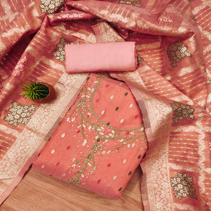 Peach Woven With Handwork Simmer Jacquard Dress Material