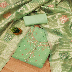Pista Green Woven With Handwork Simmer Jacquard Dress Material