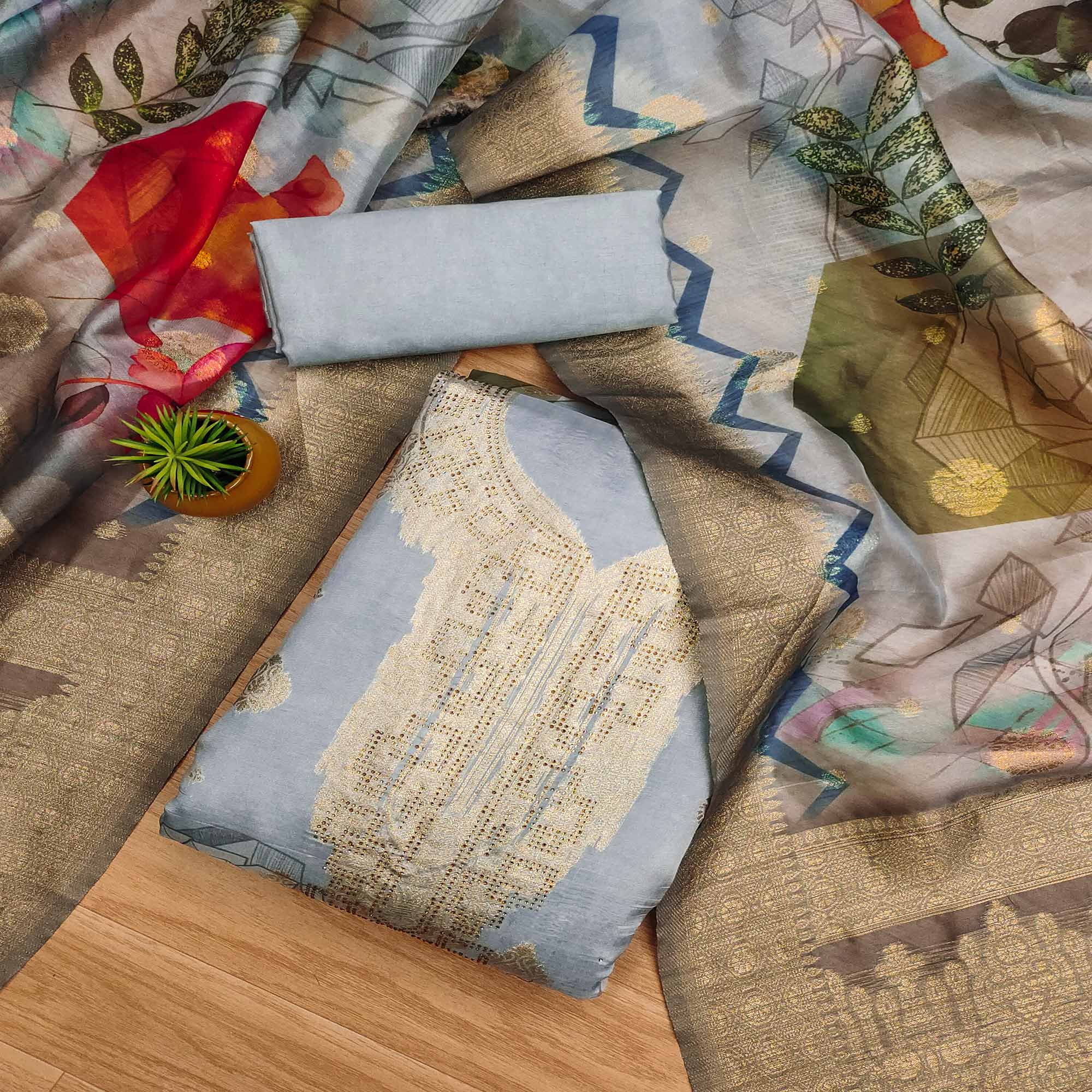 Grey Woven With Digital Printed & Swarovski Organza Dress Material