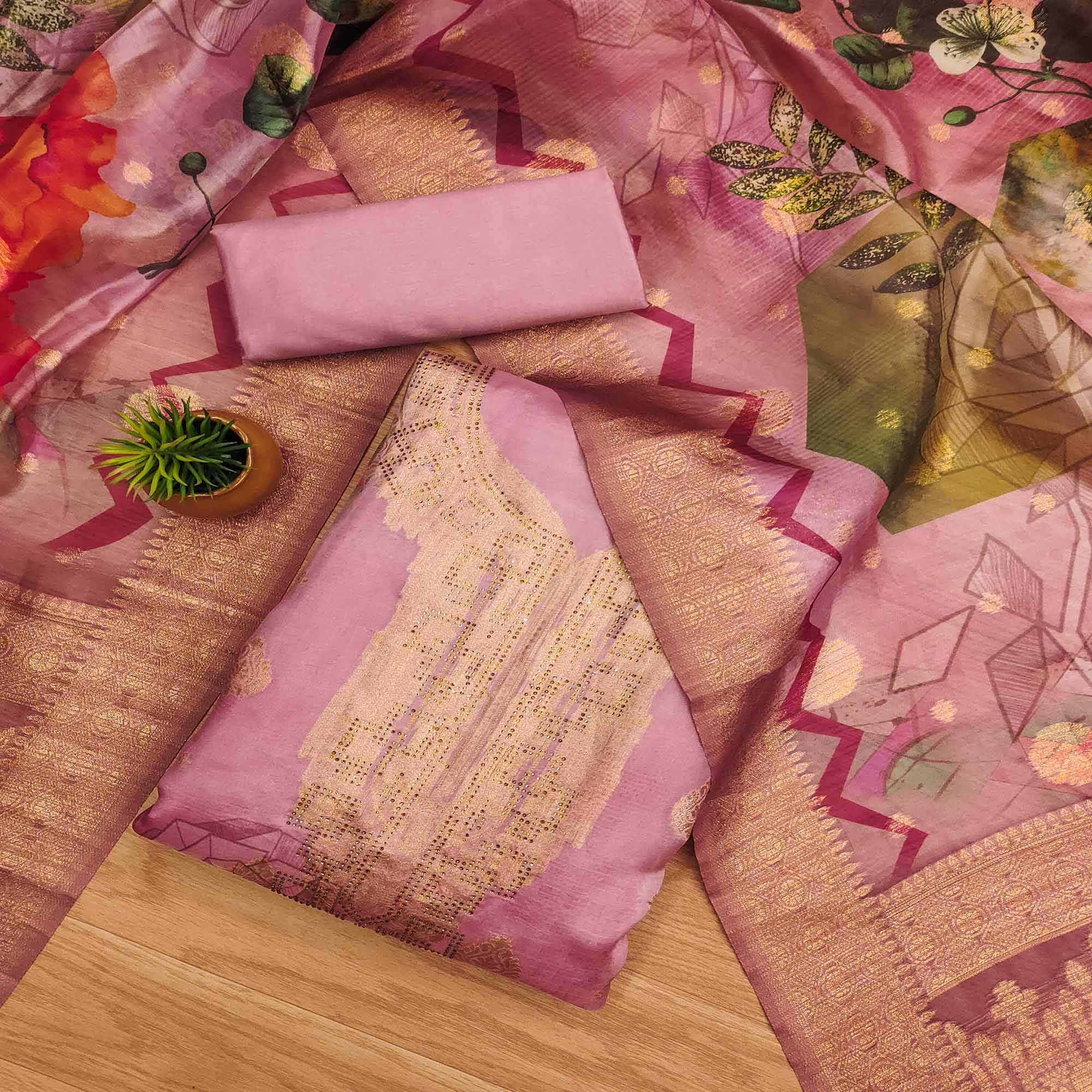 Pink Woven With Digital Printed & Swarovski Organza Dress Material