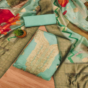 Sea Green Woven With Digital Printed & Swarovski Organza Dress Material