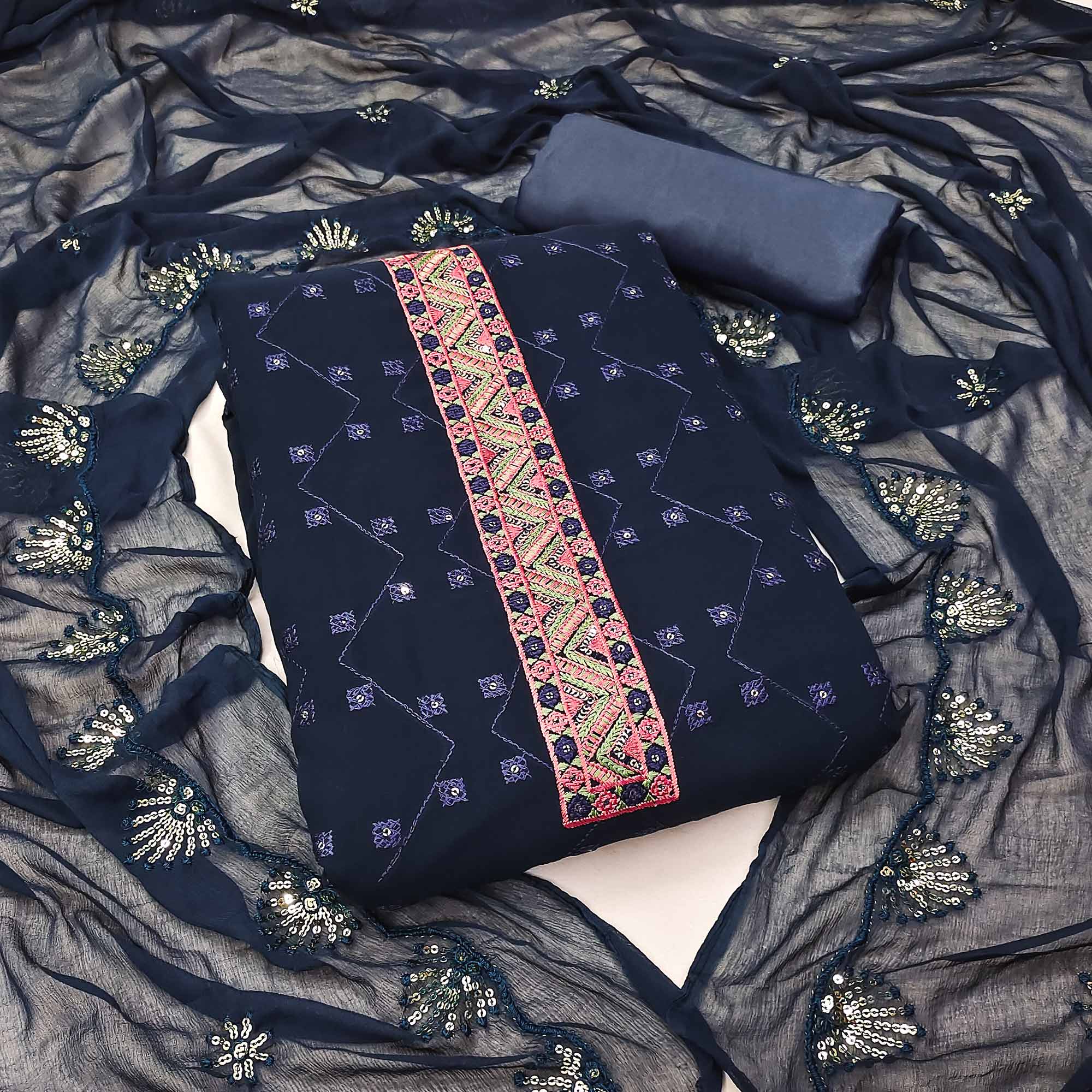 Navy Blue Sequins Embroidered Georgette Dress Material