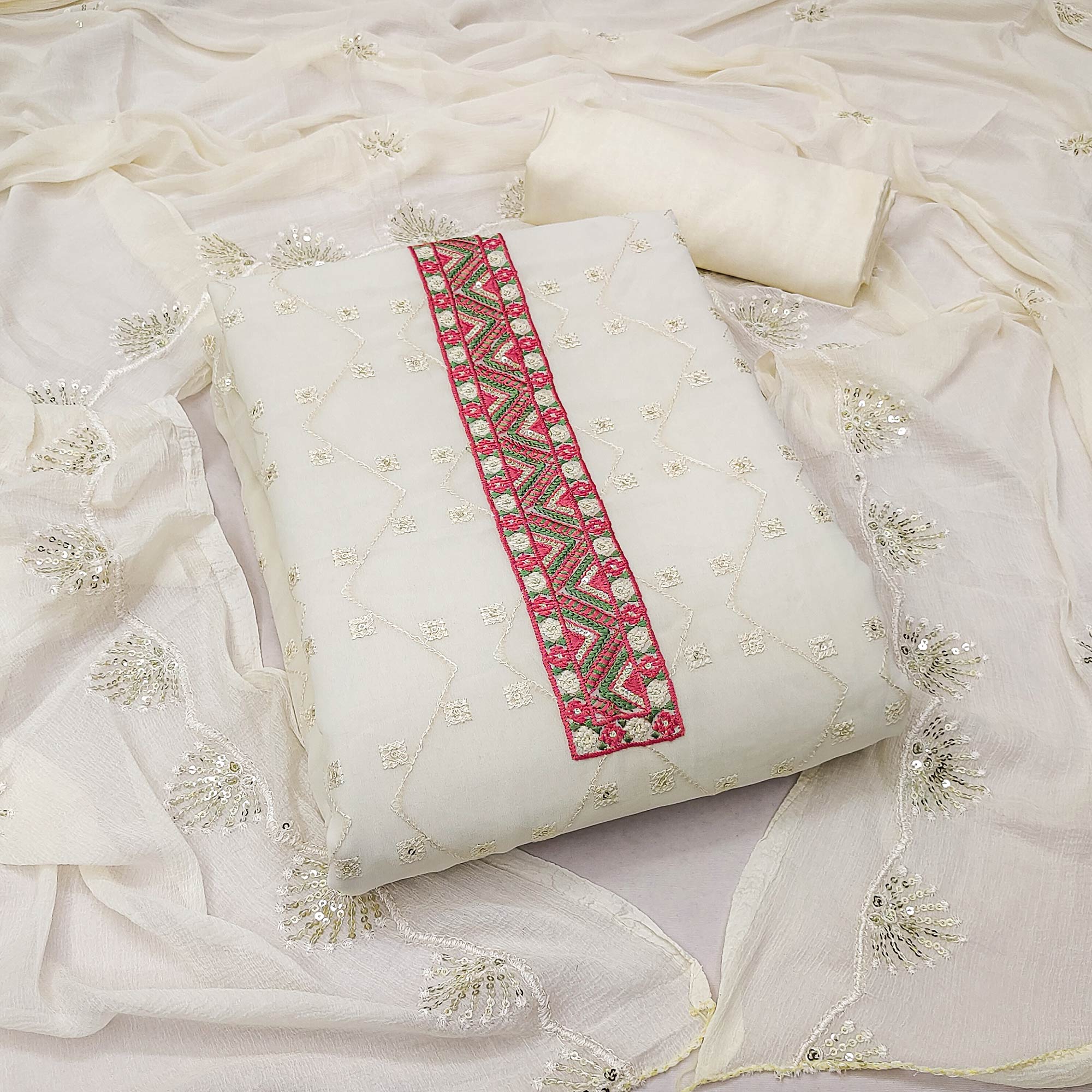 Off White Sequins Embroidered Georgette Dress Material