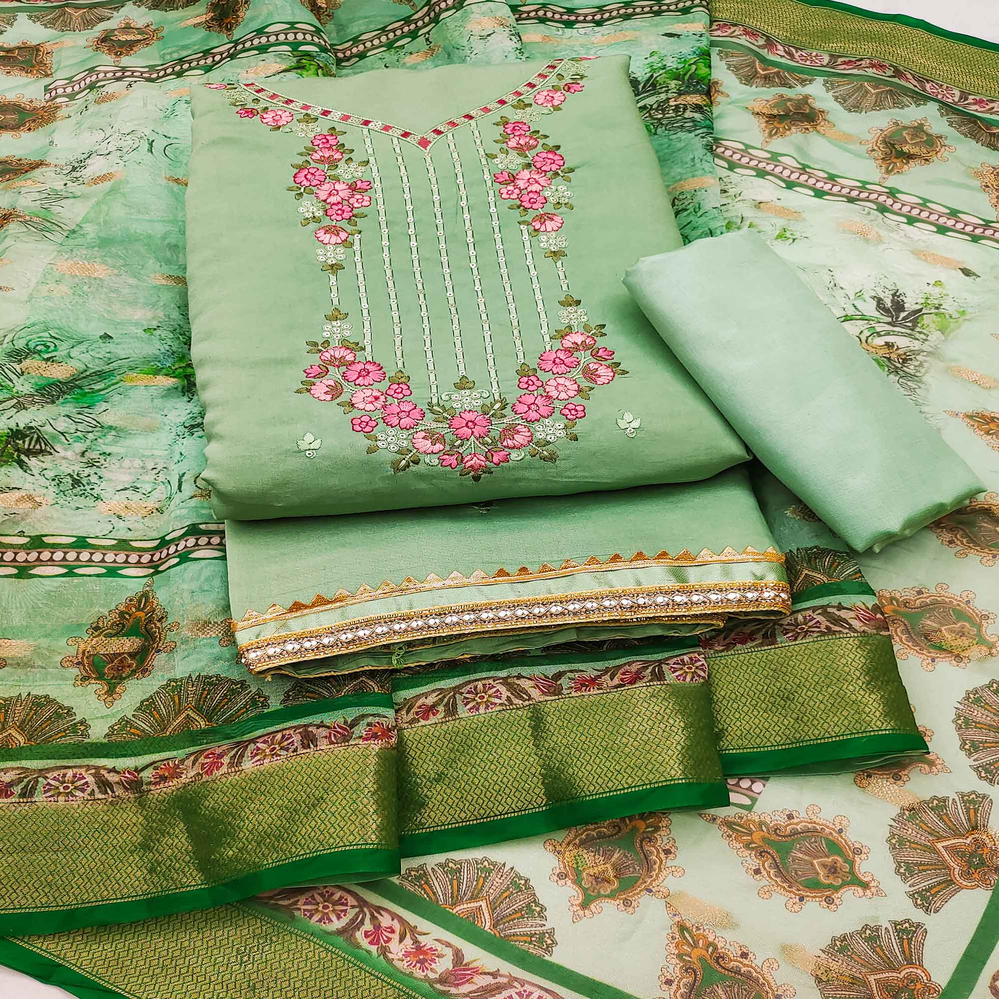 Green Floral Sequins Embroidered Chanderi Silk Dress Material