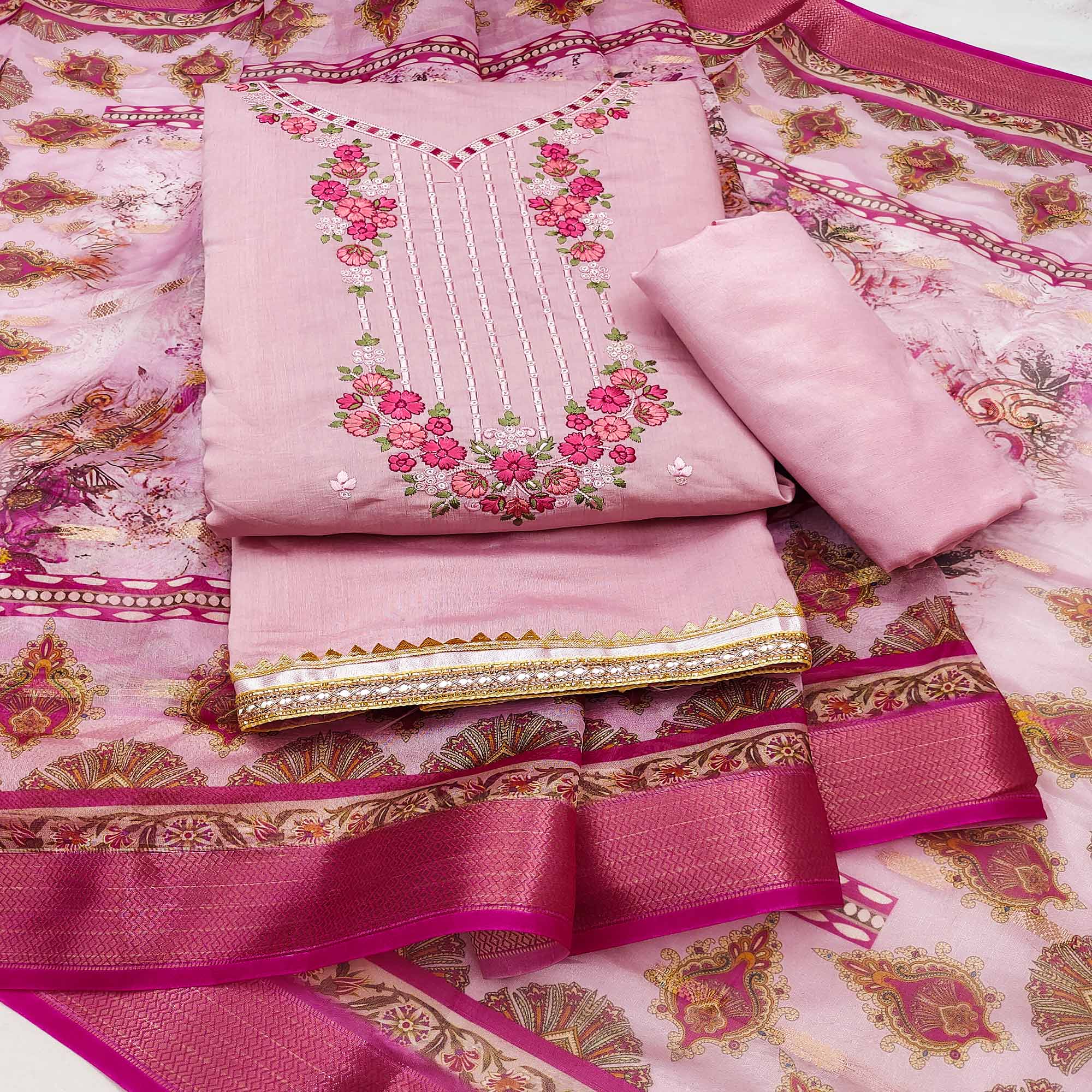 Pink Floral Sequins Embroidered Chanderi Silk Dress Material