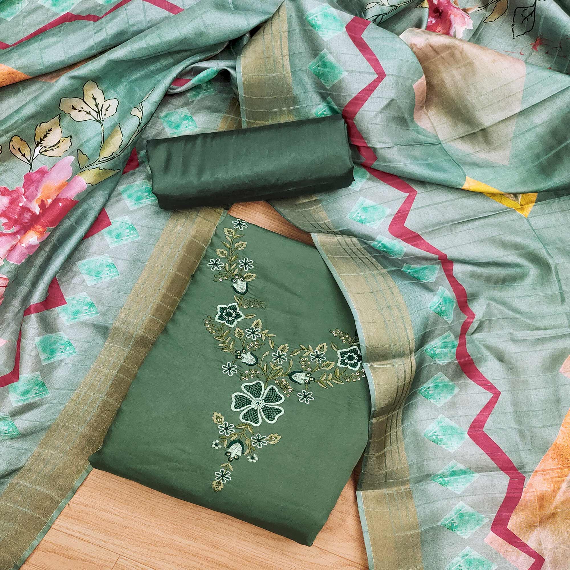 Green Embroidered Chanderi Silk Dress Material